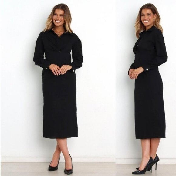 Petal & Pup NEW Monrow Black Preppy Long Sleeve Linen Midi Shirt Dress Size 2 - Picture 1 of 11